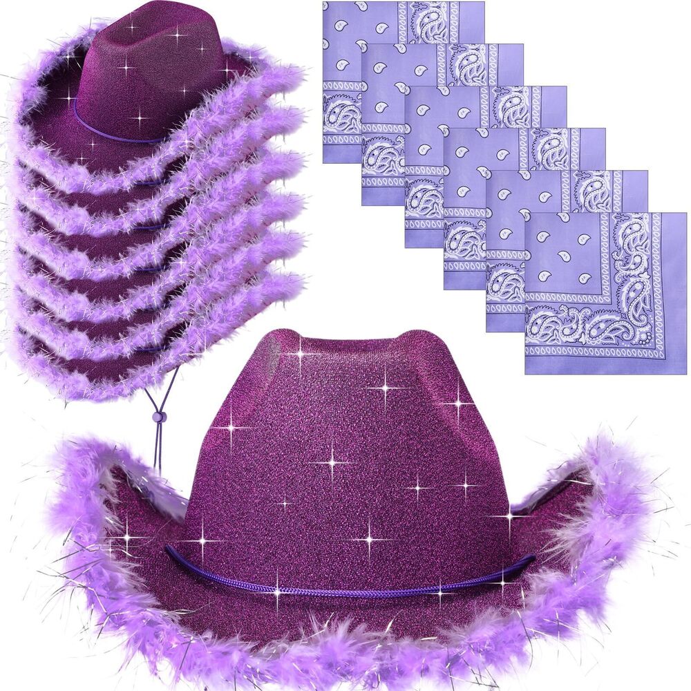 9721 12 Pcs Sparkly Adults Cowboy Hat and Bandanas Western Glitter Cowgirl